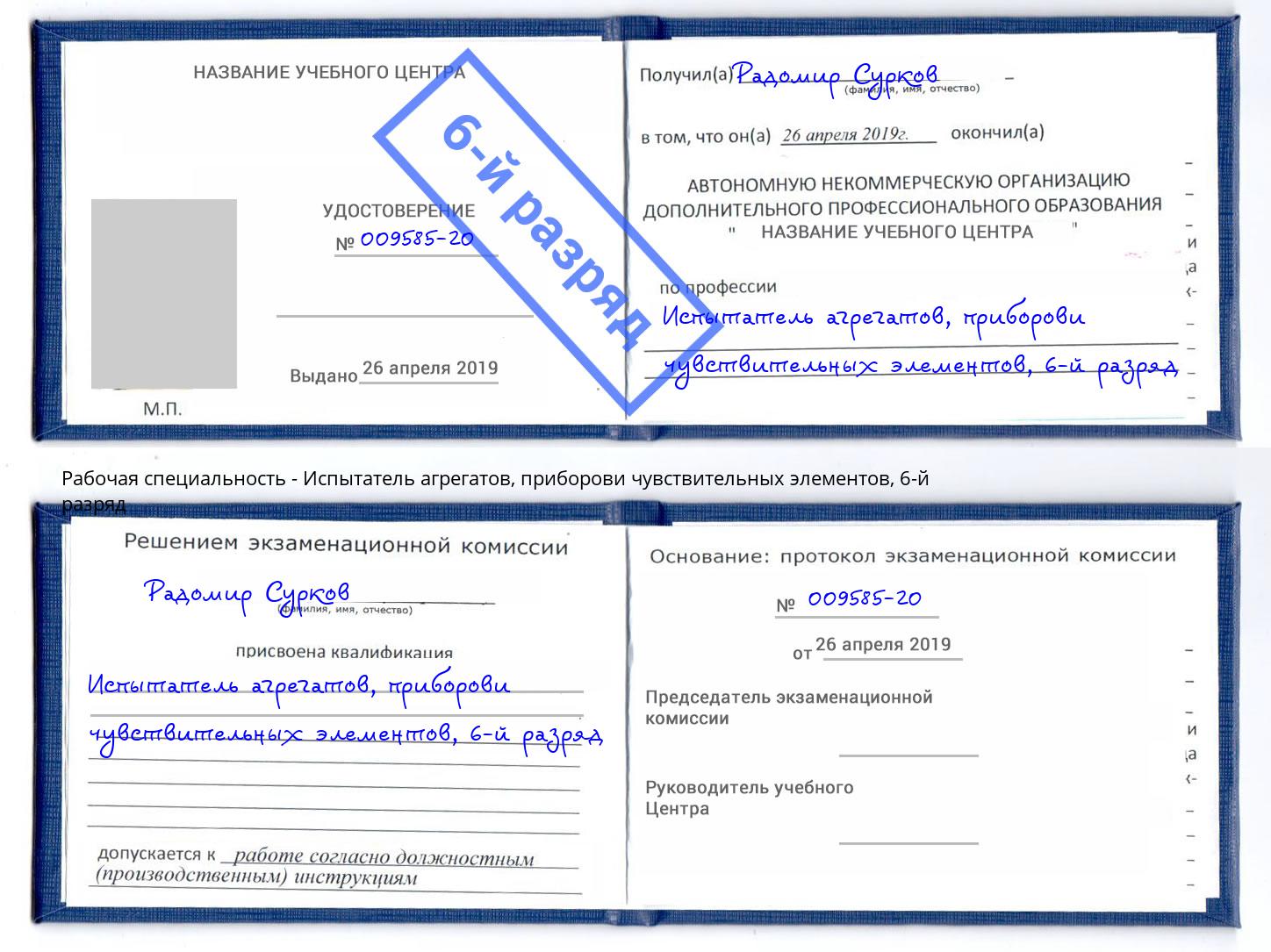 корочка 6-й разряд Испытатель агрегатов, приборови чувствительных элементов Михайловск