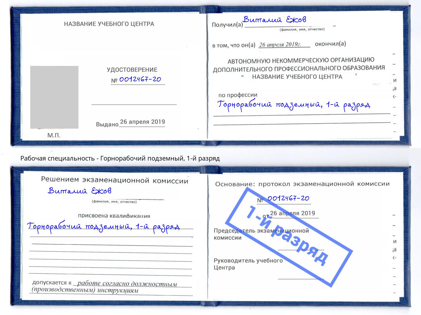 корочка 1-й разряд Горнорабочий подземный Михайловск