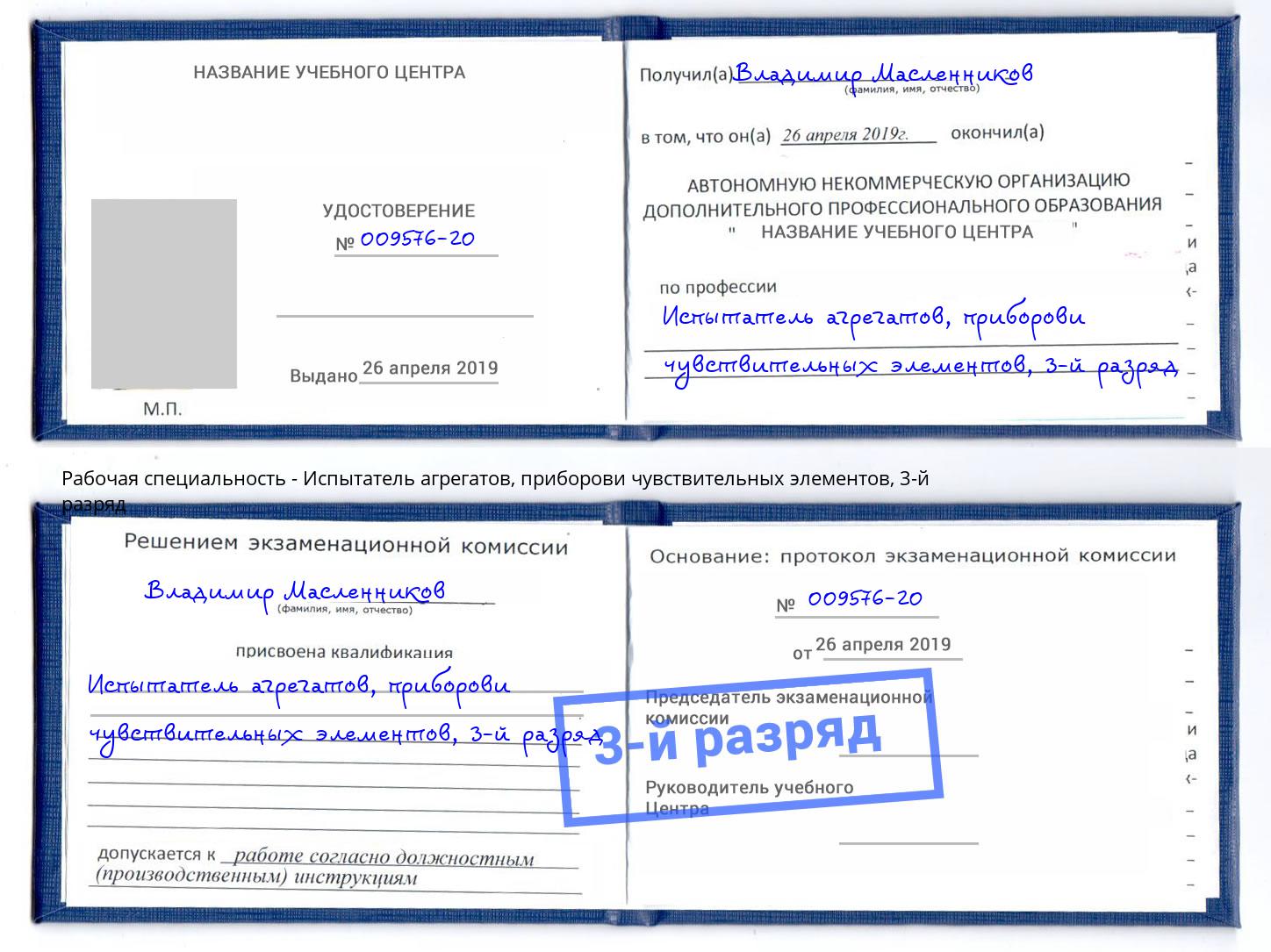 корочка 3-й разряд Испытатель агрегатов, приборови чувствительных элементов Михайловск