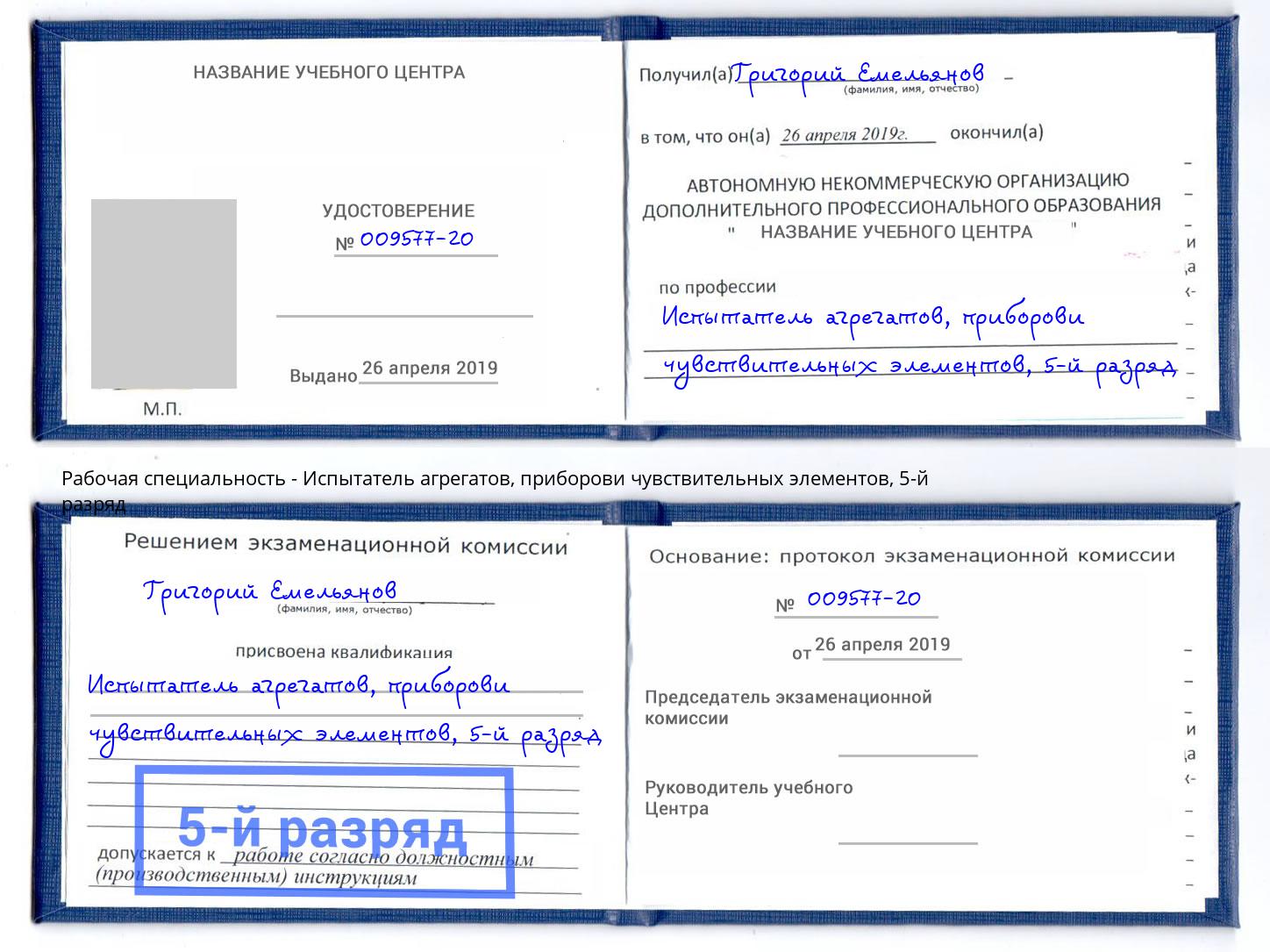корочка 5-й разряд Испытатель агрегатов, приборови чувствительных элементов Михайловск