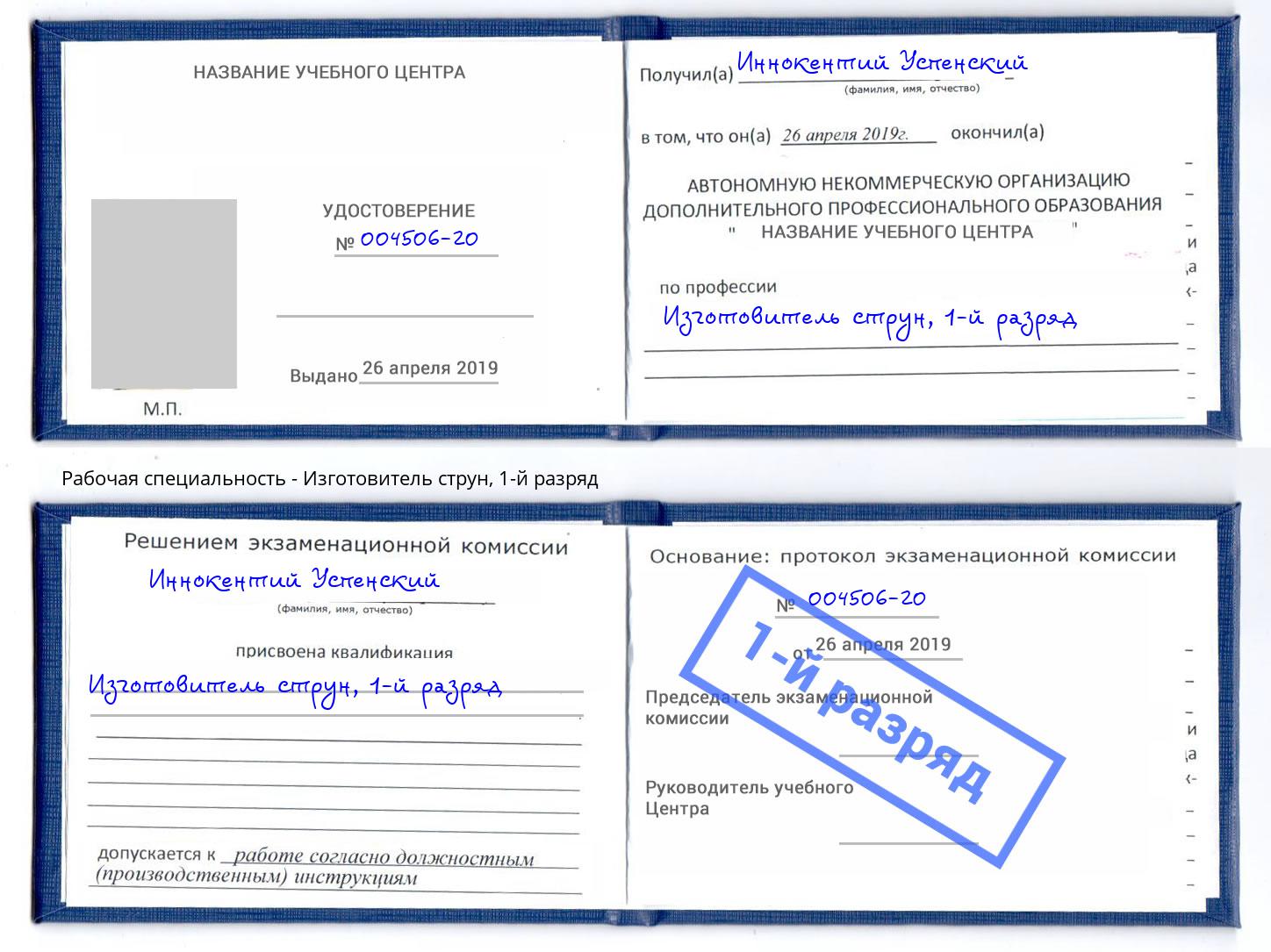 корочка 1-й разряд Изготовитель струн Михайловск