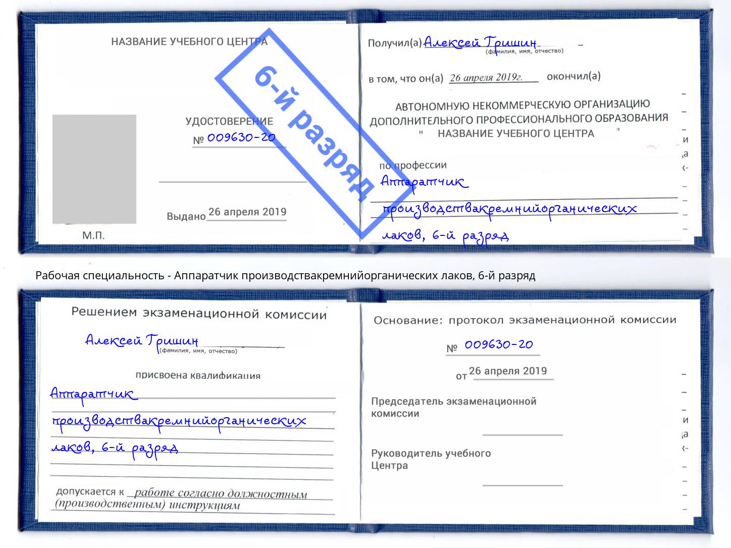 корочка 6-й разряд Аппаратчик производствакремнийорганических лаков Михайловск