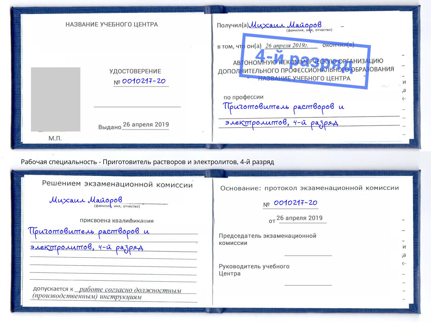 корочка 4-й разряд Приготовитель растворов и электролитов Михайловск