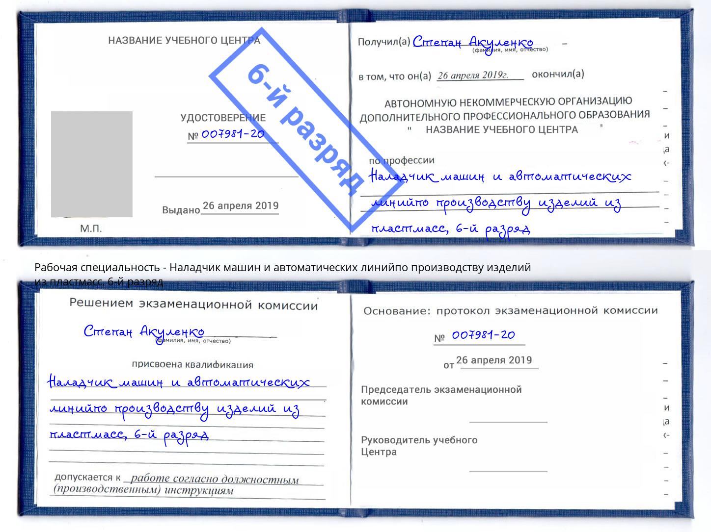корочка 6-й разряд Наладчик машин и автоматических линийпо производству изделий из пластмасс Михайловск