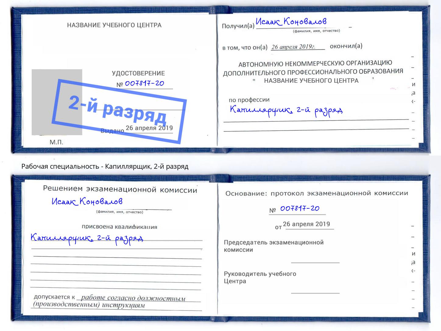 корочка 2-й разряд Капиллярщик Михайловск