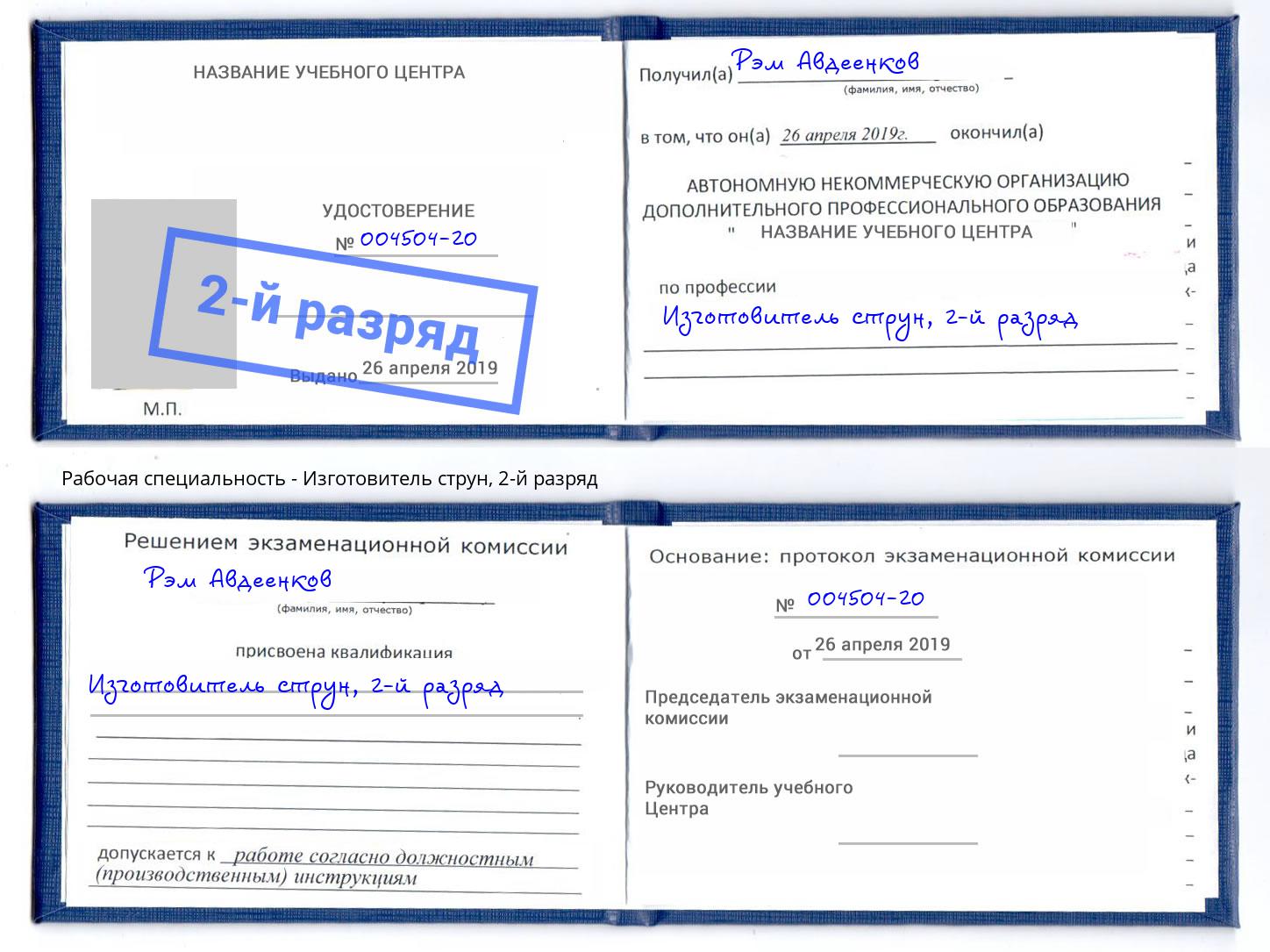 корочка 2-й разряд Изготовитель струн Михайловск