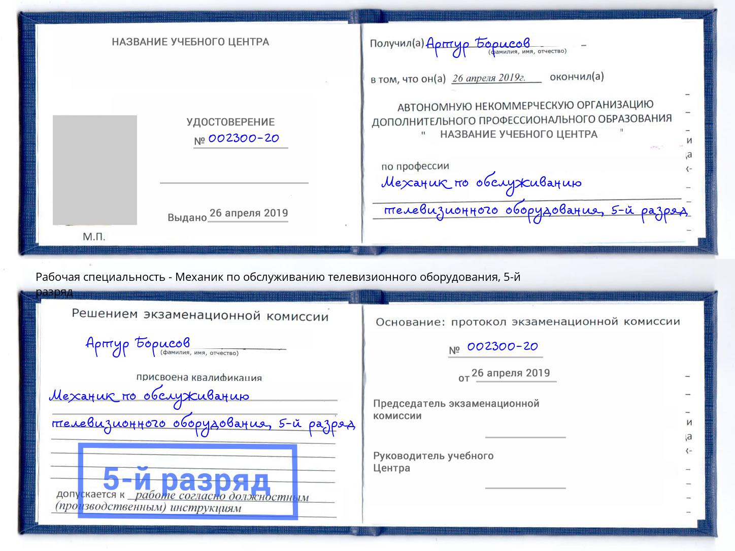 корочка 5-й разряд Механик по обслуживанию телевизионного оборудования Михайловск